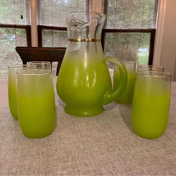 Vintage MCM Kitchen Blendo Lime Green Pitcher 6 Glass Set - Picture 9 of 10